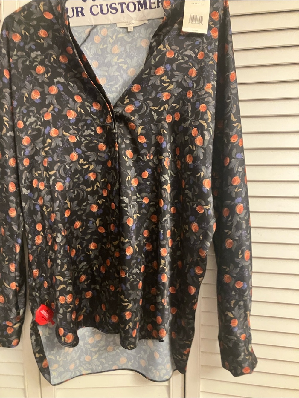 Vince Black Button-Up Blouse with Orange and Purple Floral Print